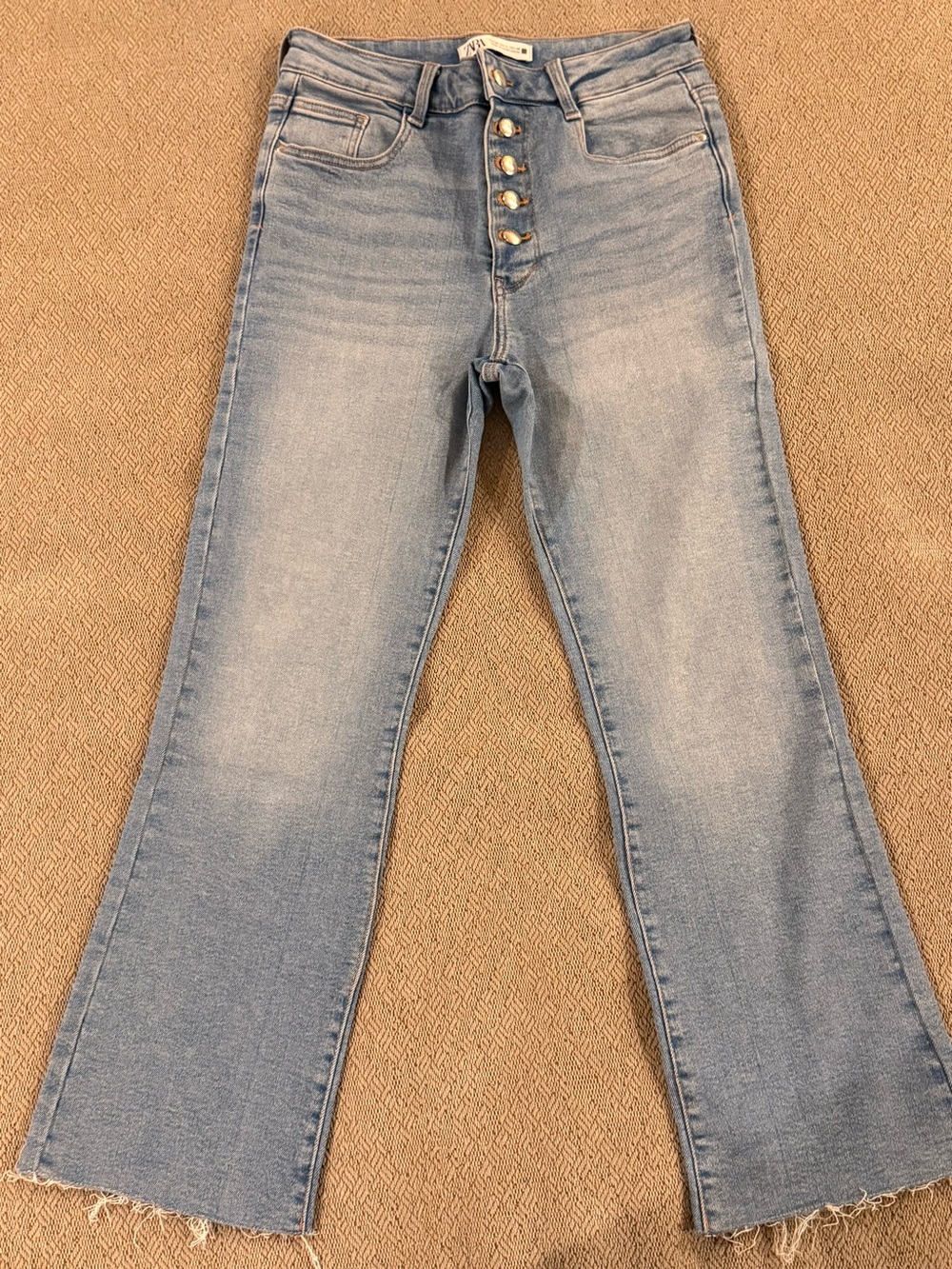 Zara Light Blue High-Rise Button-Fly Flare Jeans
